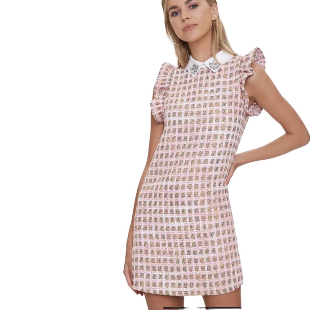 NWT Forever 21 Pink Tweed Ruffle Sleeve Jewel Collar Mini Dress